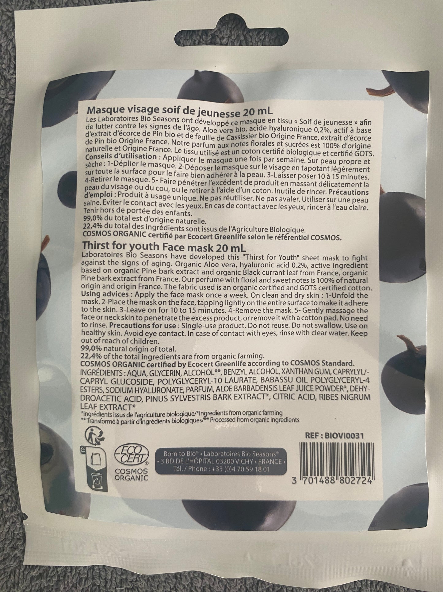 Masque visage soif de jeunesse en coton 20ml born to bio