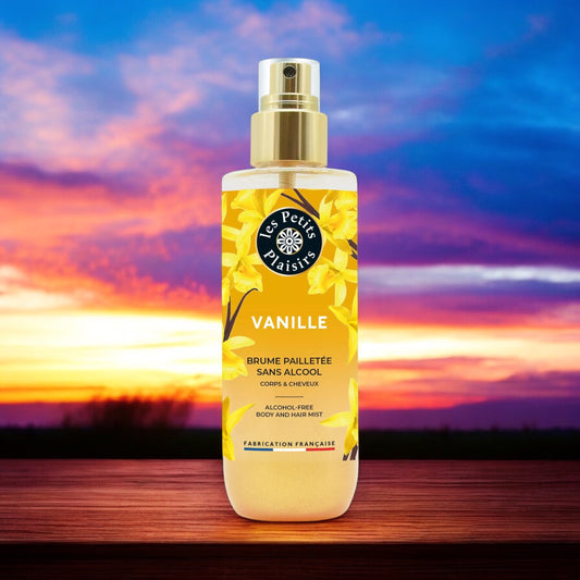 Brume parfumée pailletée vanille cheveux et corps sans alcool 200ml