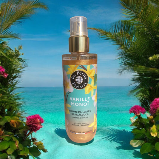 Brume parfumée pailletée sans alcool corps et cheveux vanille monoï 200ML